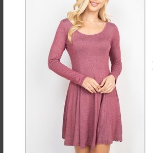 Dark Mauve Long sleeve scoop neck skater dress, CUTE!